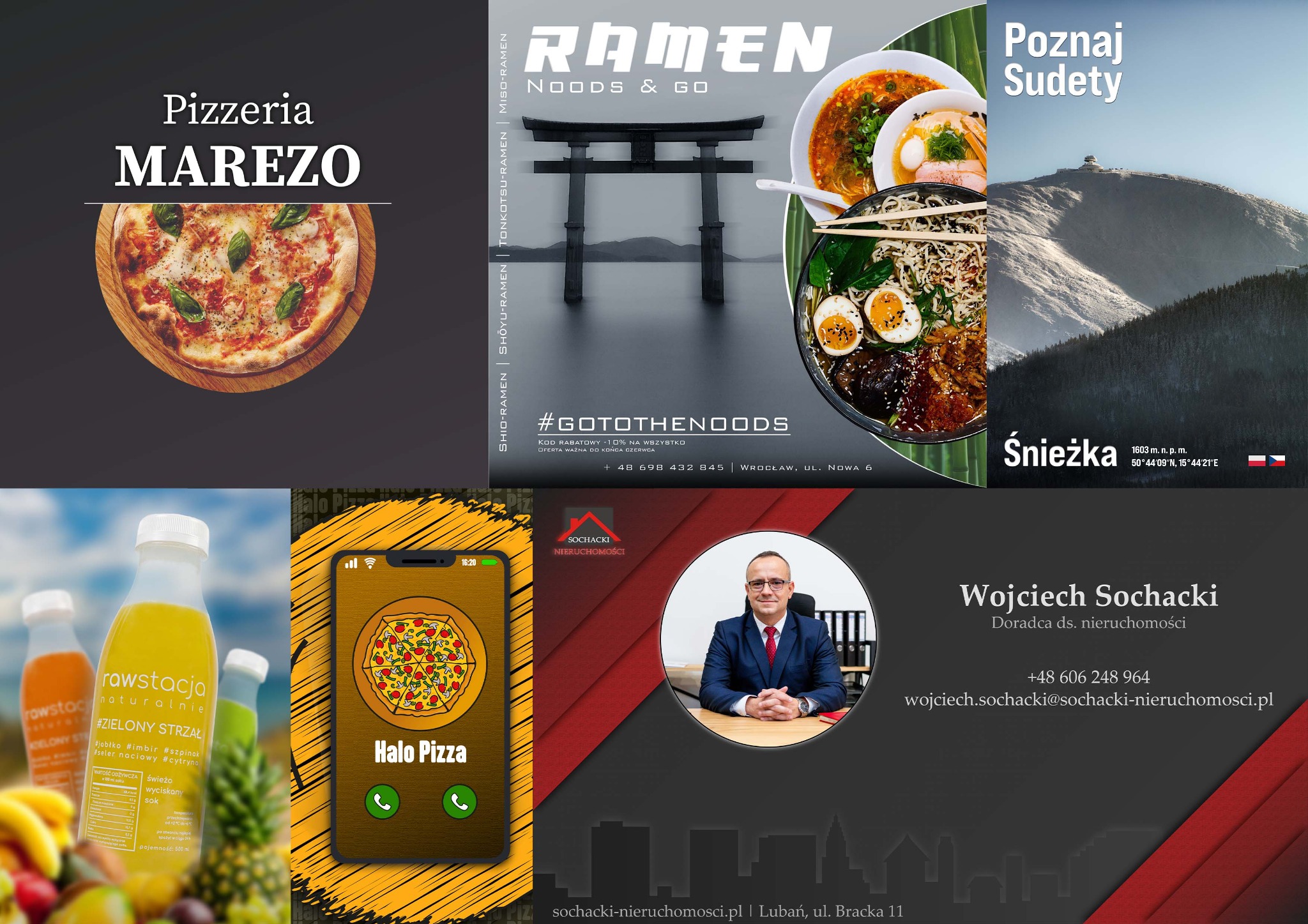 Kompozycja kolażu reklamowego z motywami kulinarnymi (pizza, ramen, soki) oraz turystycznymi (Sudety, Śnieżka) i reklamą doradcy nieruchomości.