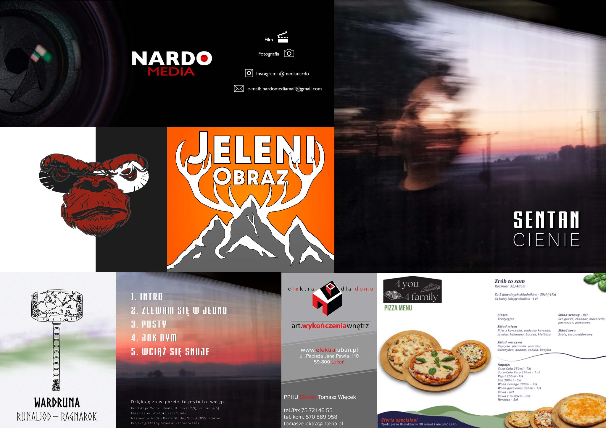 Kompilacja grafik i logo różnych firm, w tym 'Jeleni Obraz' i 'Nardo Media', z ulotką pizzerii '4you 4family' i okładką płyty 'Wardruna', prawdopodobnie materiały promocyjne z Jeleniej Góry.