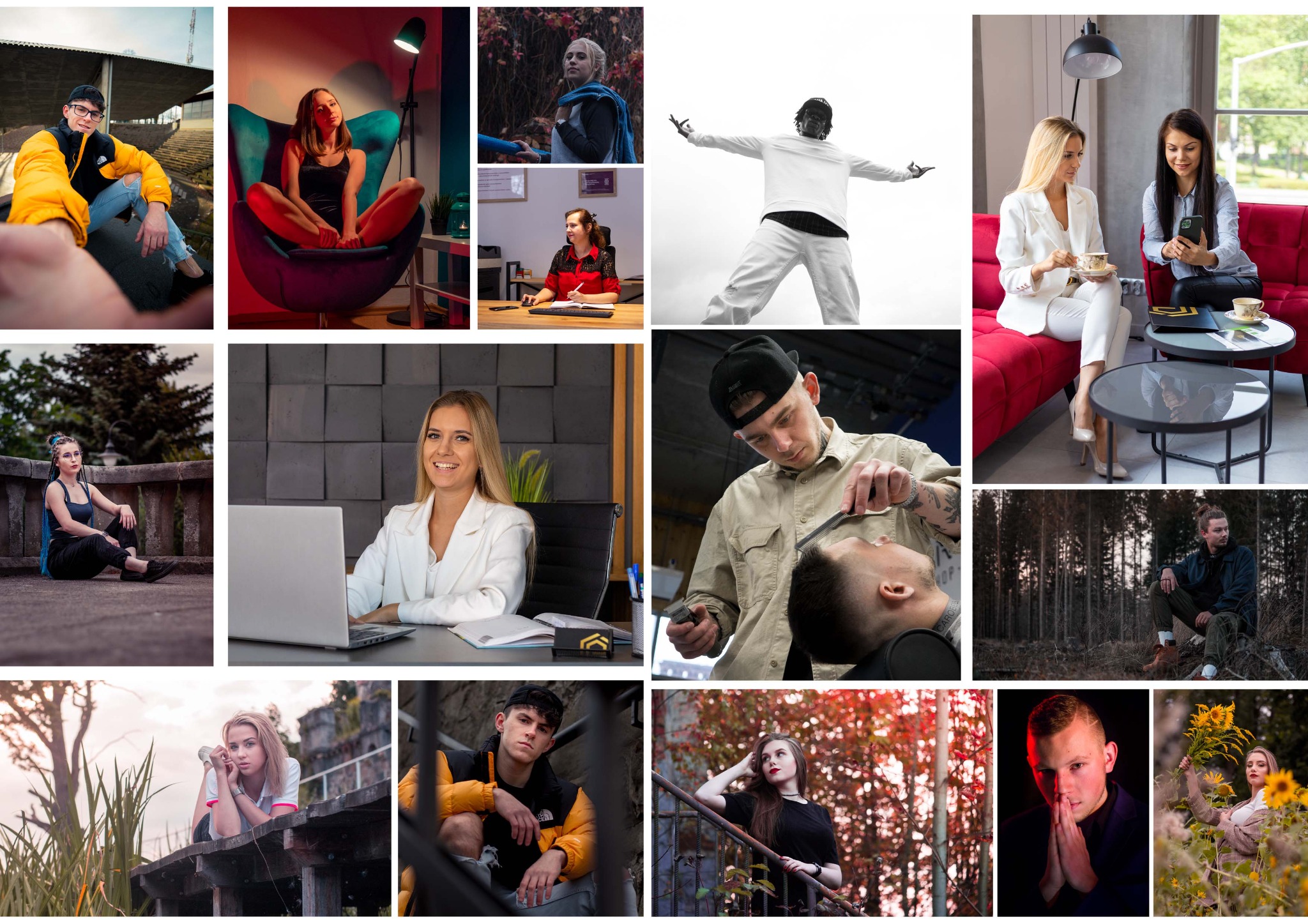 Zestaw różnorodnych portretów i scen, w tym kobieta w fotelu, fryzjer przy pracy, kobiety w kawiarni, sesje plenerowe i biurowe, ukazujące różne style i ustawienia.