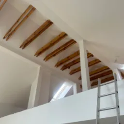 Białe poddasze z drewnianymi belkami stropowymi i aluminiową drabiną, widok z dołu na okno dachowe.