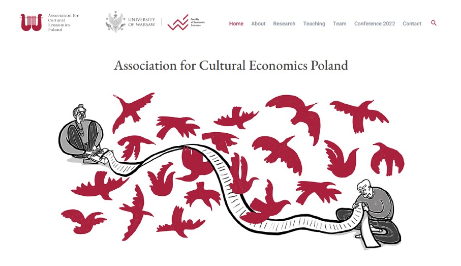 Ilustracja strony internetowej stowarzyszenia ekonomii kultury z motywem ptaków i postaci analizujących długi dokument.