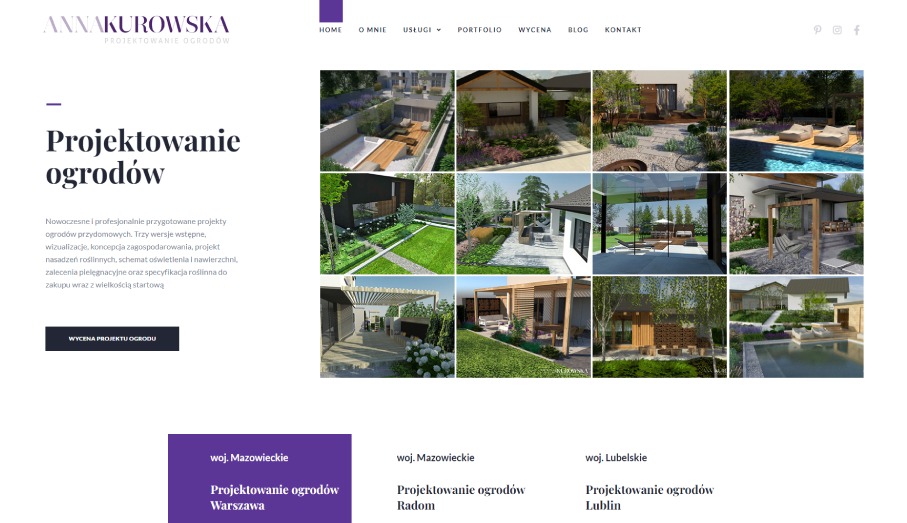 Strona internetowa z portfolio projektów zagospodarowania ogrodów przydomowych, prezentująca wizualizacje i zdjęcia zrealizowanych aranżacji.
