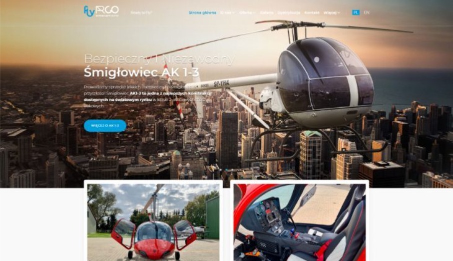 Strona internetowa firmy FlyRCO prezentująca śmigłowiec AK 1-3 na tle panoramy miasta, z widocznym logo firmy w lewym górnym rogu oraz przycisk 'Więcej o AK 1-3' na stronie.