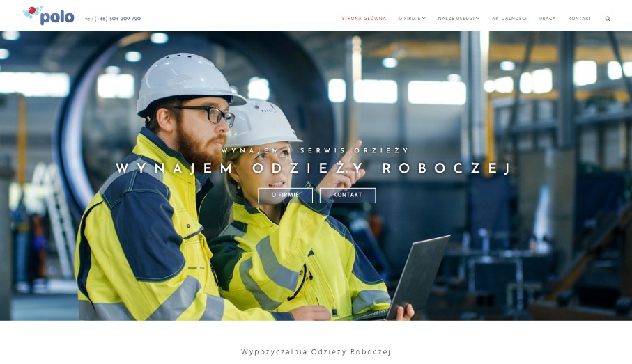 Strona internetowa firmy oferującej wynajem odzieży roboczej, prezentująca dwóch pracowników w kaskach i odzieży ochronnej na tle hali produkcyjnej.