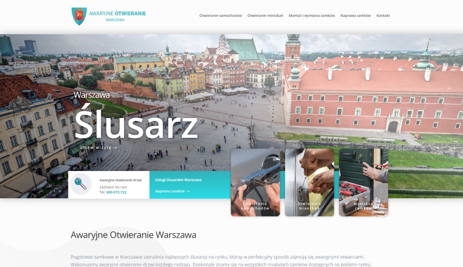 Strona internetowa warszawskiego ślusarza z widokiem na Stare Miasto, prezentująca usługi awaryjnego otwierania drzwi i naprawy zamków.