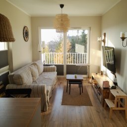 DARIUSZ LEWANDOWSKI - Jasne wnętrze salonu z drewnianą podłogą i balkonem. W tle widok na zieleń. Centralnie umieszczony stolik kawowy i sofa w paski. Lampa z wikliny nadaje przytulny charakter.