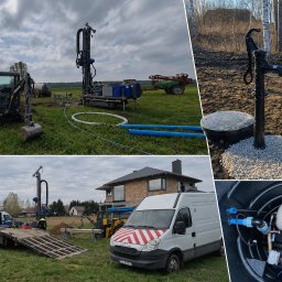 STUDNIARZE COM - Kolaż: wiertnica i koparka podczas prac, gotowa studnia z pompą ręczną, rozładunek sprzętu, wnętrze zbiornika hydroforowego z pompą IPR.