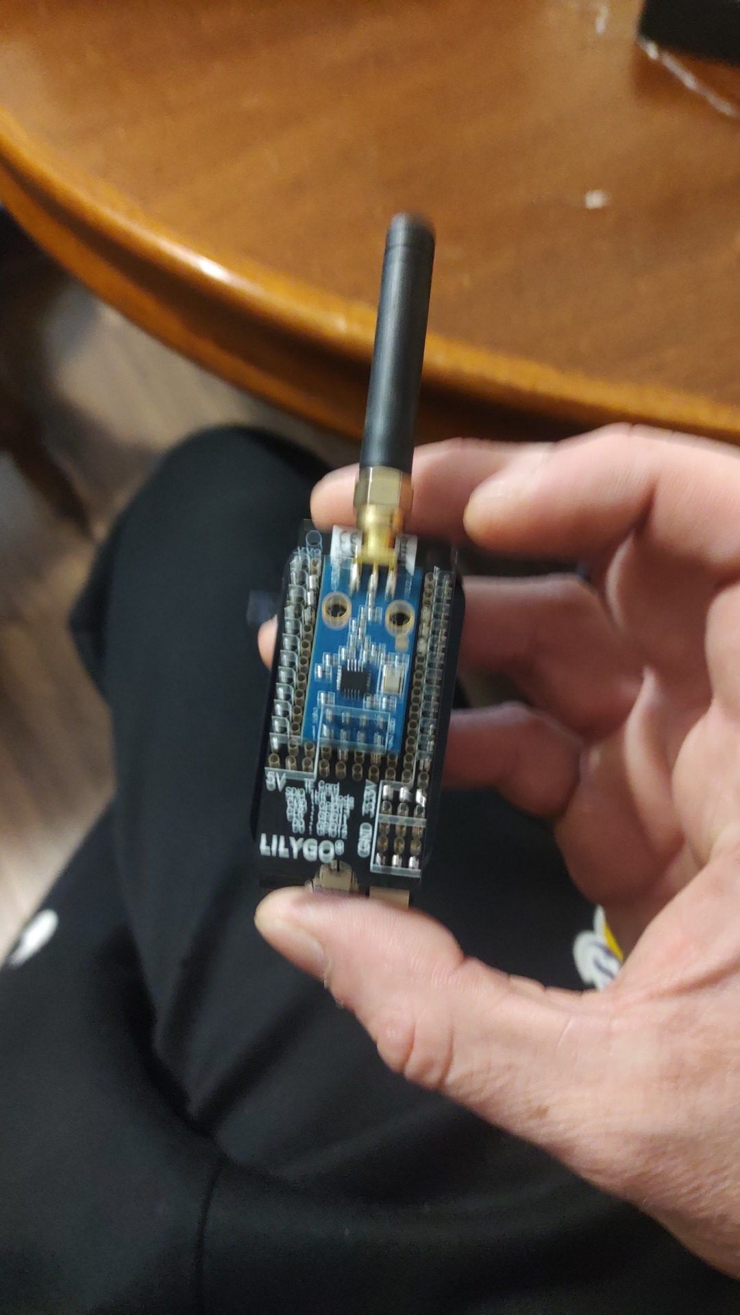 Ręka trzyma moduł LilyGO z anteną, widoczne złącza i komponenty elektroniczne na niebieskiej płytce, na tle ubrania i fragmentu stołu.