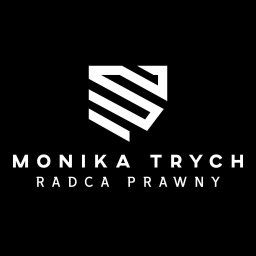 Kancelaria Trych.eu - Minimalistyczne logo kancelarii radcy prawnego Moniki Trych na czarnym tle. Geometryczny symbol tarczy i napis 'Radca Prawny' w nowoczesnym kroju pisma.