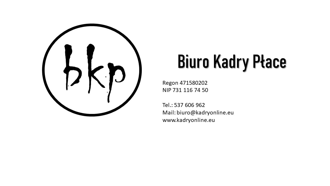 Logo firmy BKP Biuro Kadry Płace z danymi kontaktowymi: Regon, NIP, telefon i adres e-mail oraz strona internetowa.