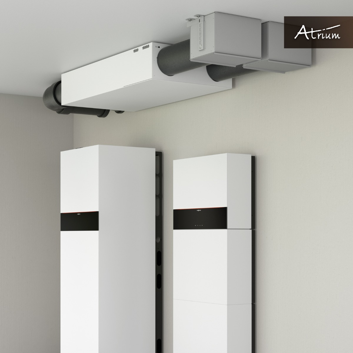 Białe jednostki centralne wentylacji mechanicznej z rekuperacją, widoczne rury wentylacyjne pod sufitem, minimalistyczny design.