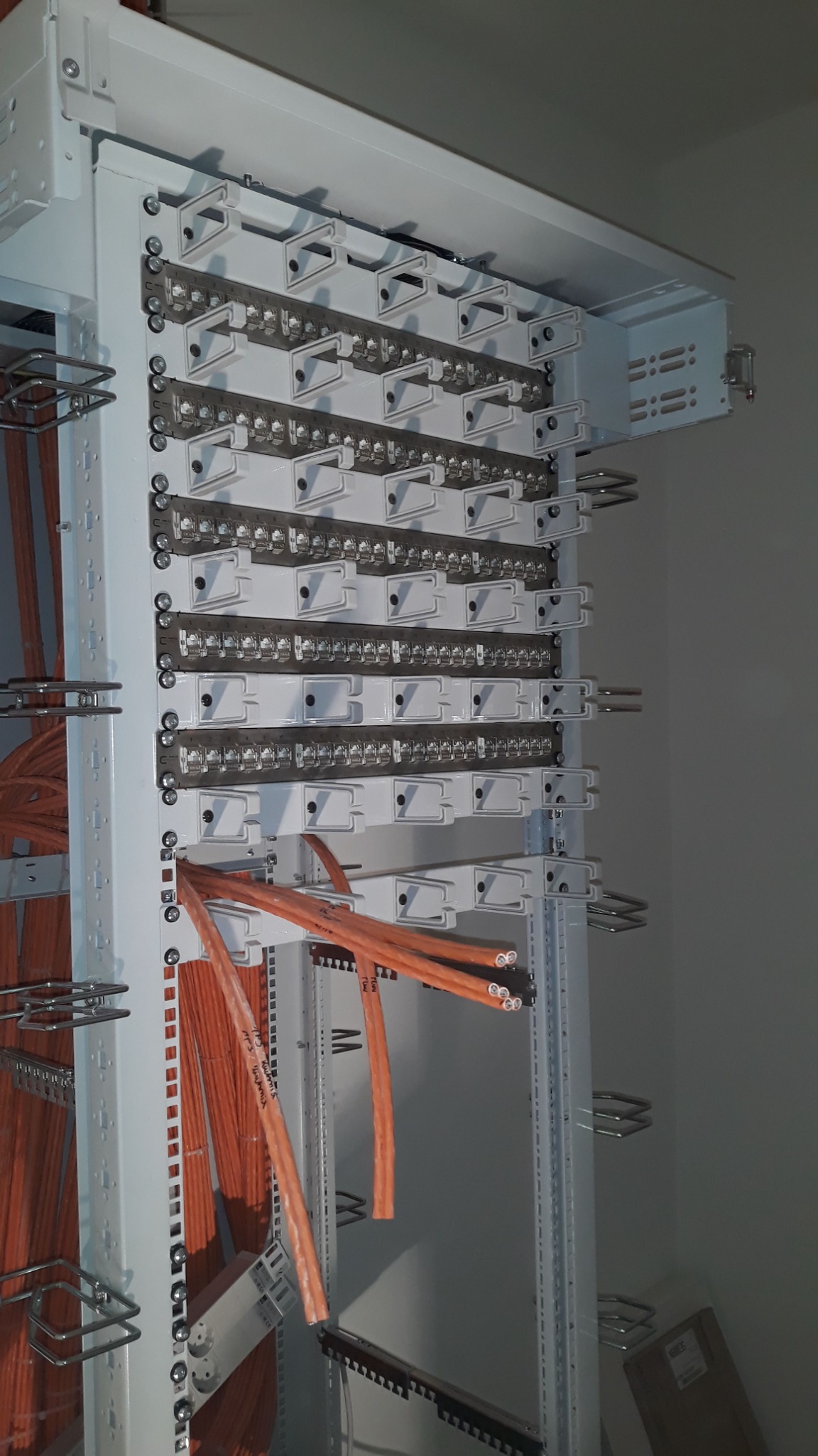 Szczegółowe ujęcie panelu krosowniczego z uporządkowanymi, pomarańczowymi kablami sieciowymi, montowanymi w metalowej szafie rack, z widocznymi uchwytami i złączami.