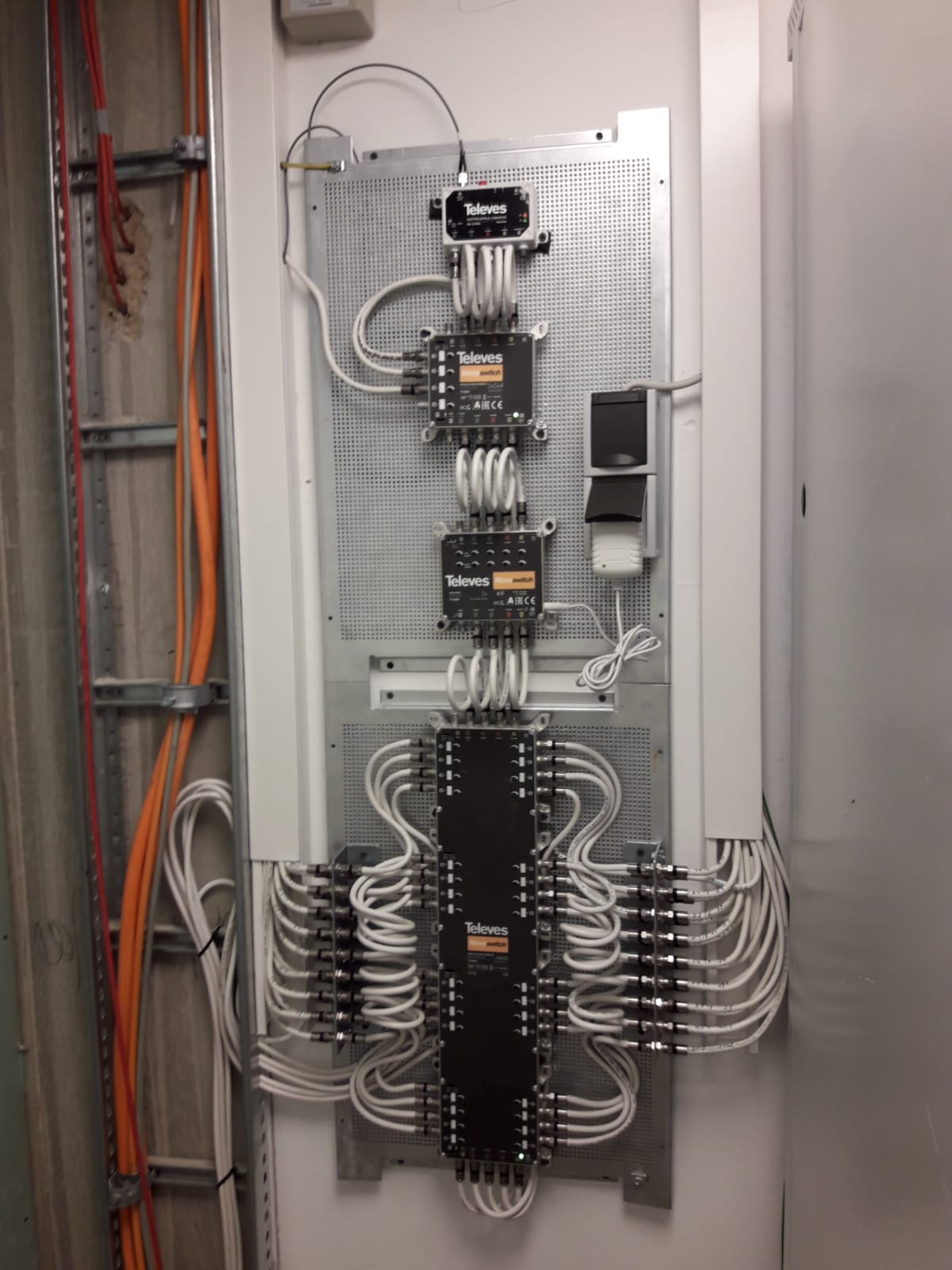 Rozdzielnia sygnału TV/SAT marki Televes z licznymi kablami koncentrycznymi, zamontowana na perforowanej płycie wewnątrz budynku, widoczne także kable w korytkach na ścianie.