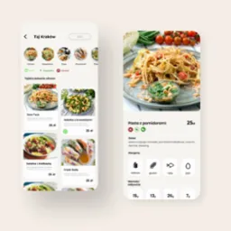 Interfejs aplikacji mobilnej restauracji z menu dań kuchni tajskiej, prezentujący listę potraw z cenami i składnikami, w tym danie główne 'Pasta z pomidorami' z informacjami o alergenach...
