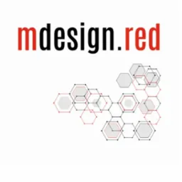 Logo 'mdesign.red' z abstrakcyjnym wzorem sześciokątów połączonych liniami w kolorach czarnym i czerwonym, niektóre wypełnione szarym kolorem, na białym tle.