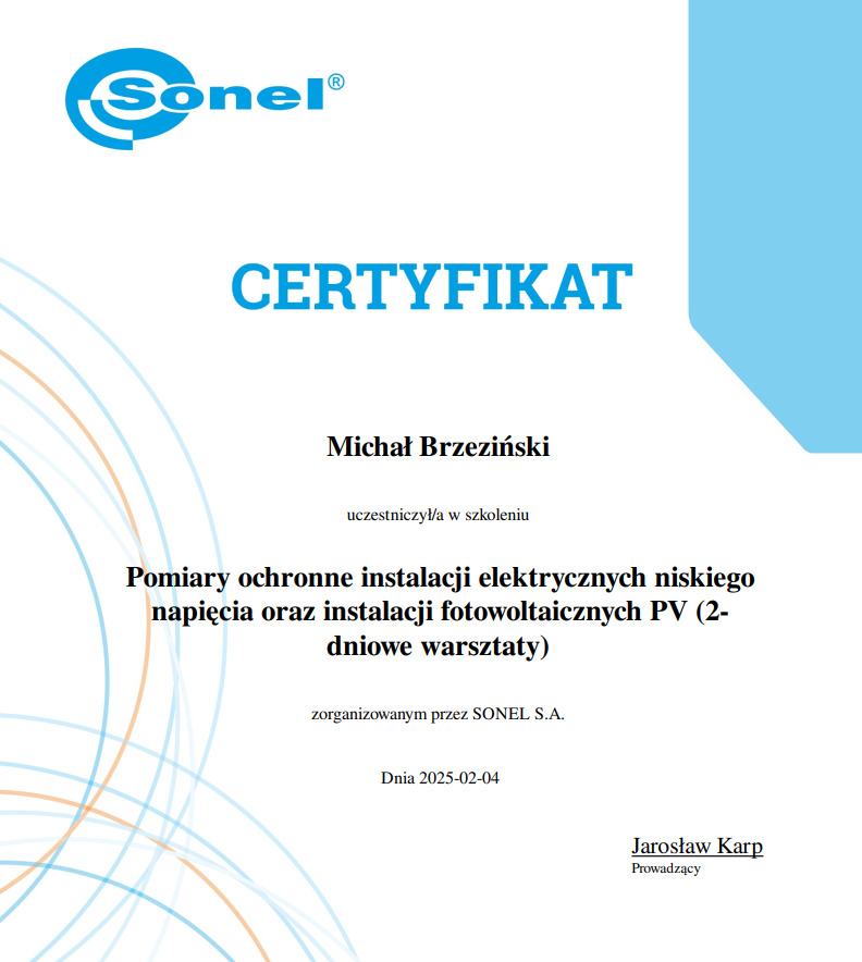 Certyfikat ukończenia szkolenia z pomiarów ochronnych instalacji elektrycznych niskiego napięcia i instalacji fotowoltaicznych PV, wydany przez Sonel S.A.