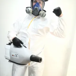 Osoba w białym kombinezonie ochronnym i masce gazowej, trzymająca zamgławiacz Sure ULV Fogger i prezentująca zaciśniętą pięść na tle jasnej ściany.