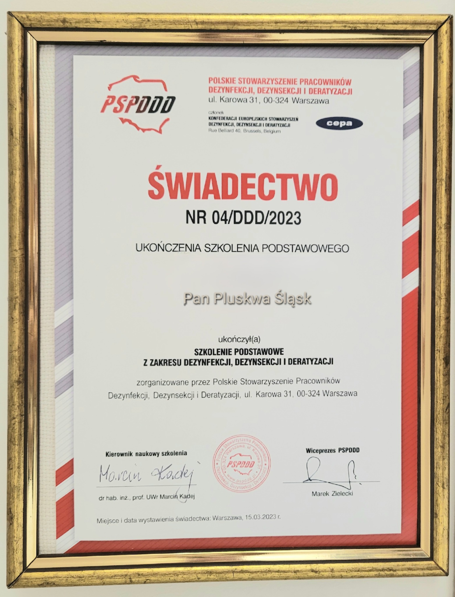Oprawione w złotą ramkę świadectwo ukończenia szkolenia podstawowego z zakresu dezynfekcji, dezynsekcji i deratyzacji, wydane przez Polskie Stowarzyszenie Pracowników Dezynfekcji, Dezynsekcji...