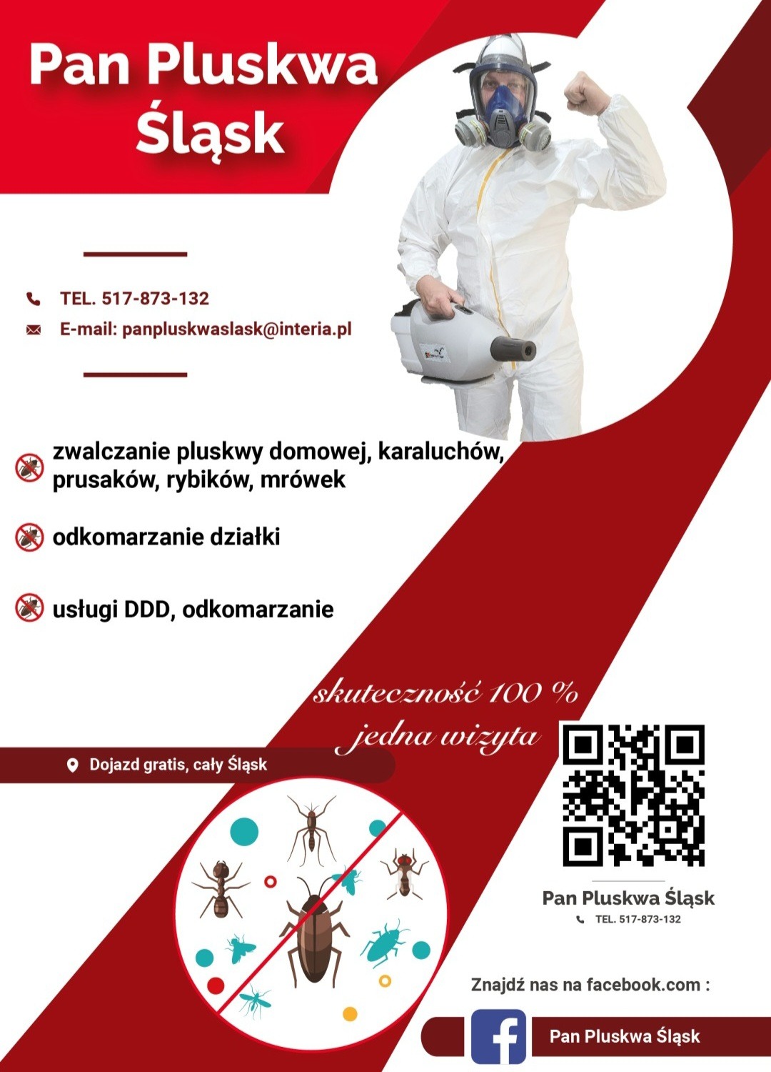 Grafika reklamowa firmy Pan Pluskwa Śląsk oferującej usługi DDD, przedstawiająca pracownika w kombinezonie ochronnym i masce, trzymającego urządzenie do rozpylania, obok logo firmy i informacji...