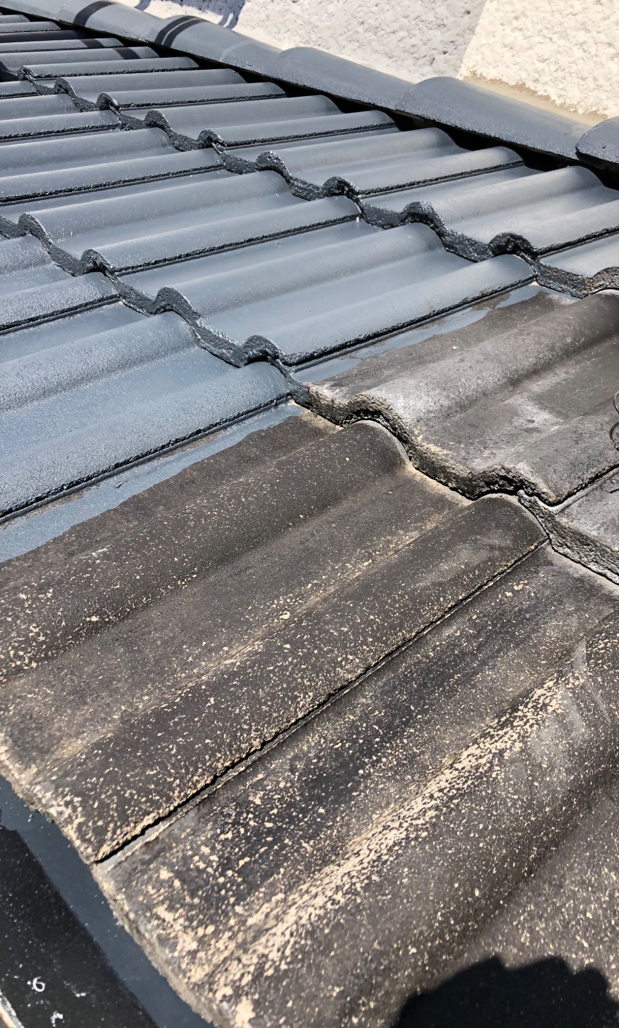 Częściowo pomalowany dach z dachówki ceramicznej, ukazujący kontrast między starą, brudną powierzchnią a świeżo nałożoną, błyszczącą, szarą farbą. Widoczne ślady wcześniejszych zabrudzeń...