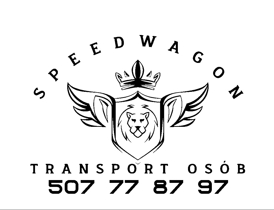 Czarno-białe logo firmy transportowej Speedwagon z lwem w herbie pod koroną i numerem telefonu.
