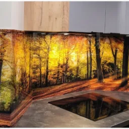 Szklana ściana nad blatem kuchennym z motywem jesiennego lasu w ciepłych barwach, podświetlona od góry, z widoczną płytą indukcyjną na pierwszym planie.