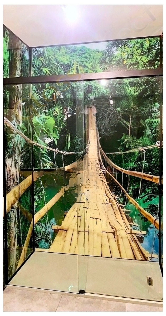Szklane drzwi przesuwne z fototapetą przedstawiającą most linowy w dżungli, widoczne okucia dolne.