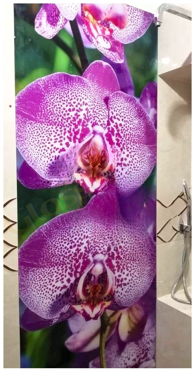 Szklana tafla z nadrukiem storczyków w odcieniach fioletu i bieli, zamontowana w łazience obok prysznica.