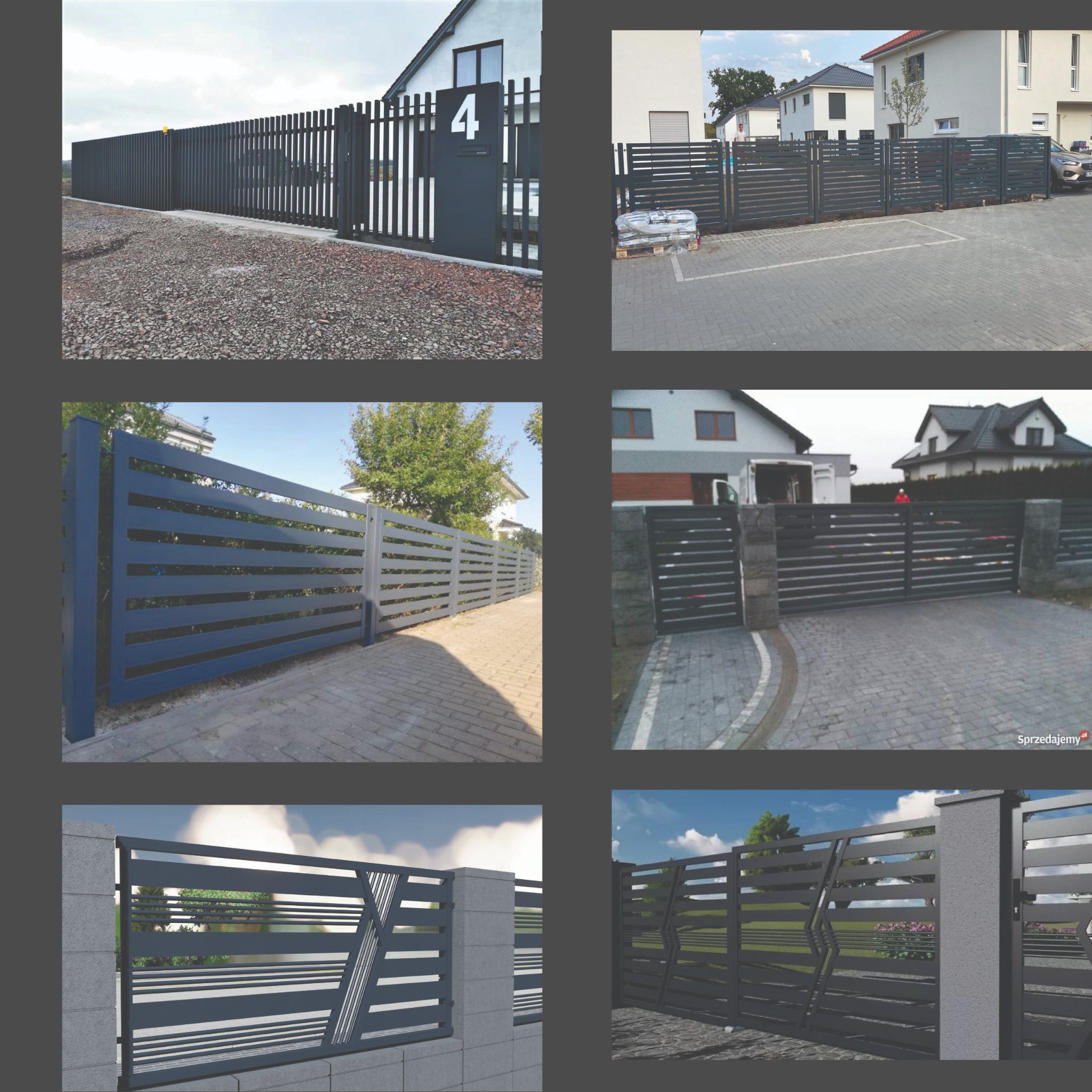 Kompozycja sześciu zdjęć prezentujących różne rodzaje nowoczesnych ogrodzeń metalowych, w tym panelowe z poziomymi i pionowymi elementami, oraz ogrodzenia z elementami dekoracyjnymi, na tle domów...
