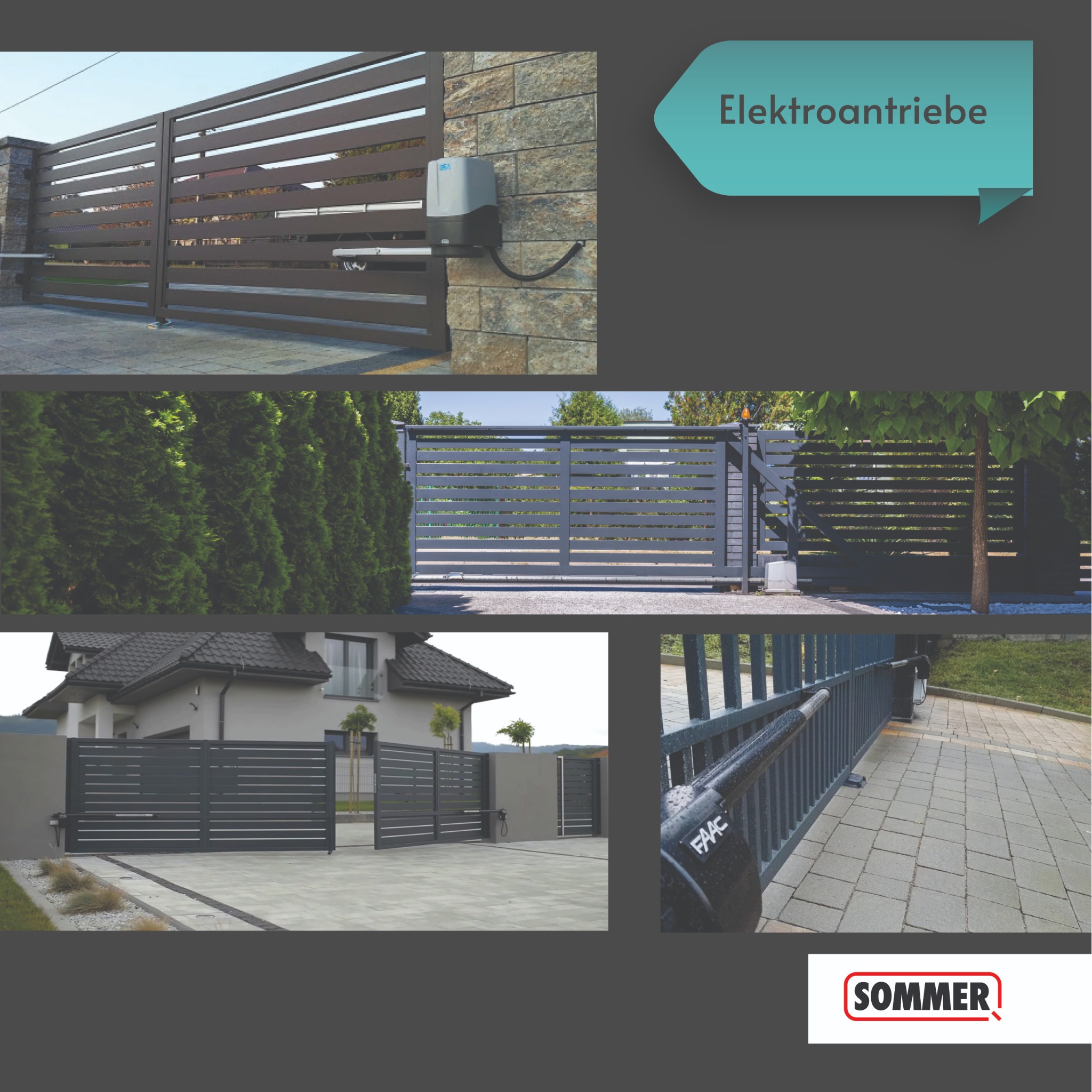 Nowoczesne ogrodzenie posesji z automatyczną bramą przesuwną i skrzydłową, z widocznym napędem elektrycznym, w tle dom jednorodzinny z kostką brukową.