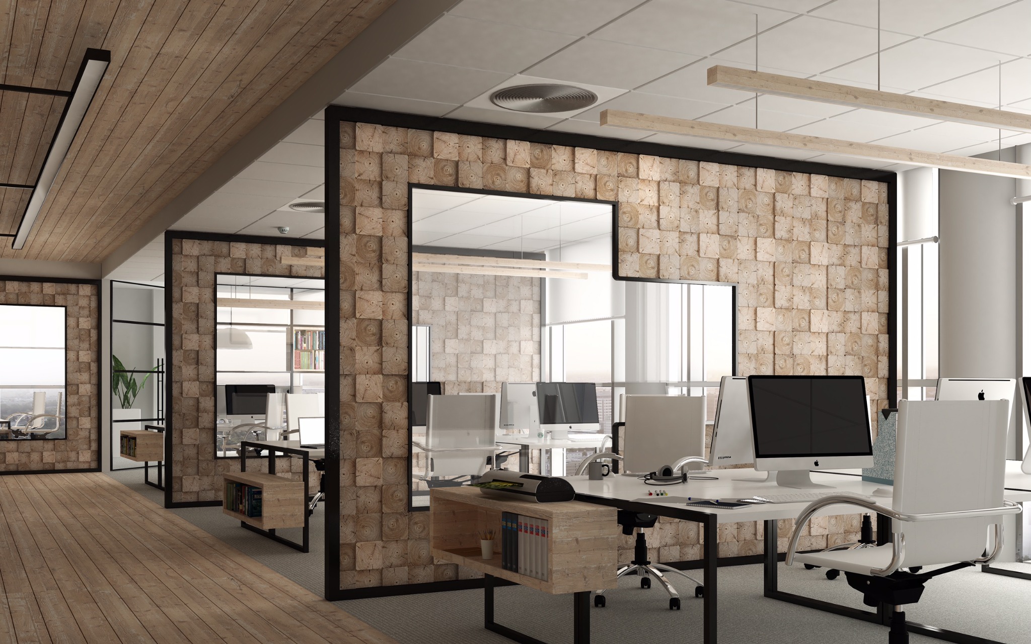 Nowoczesne biuro z drewnianymi panelami ściennymi ułożonymi z kostek imitujących przekrój pnia drzewa, czarnymi ramami i białymi biurkami z komputerami.