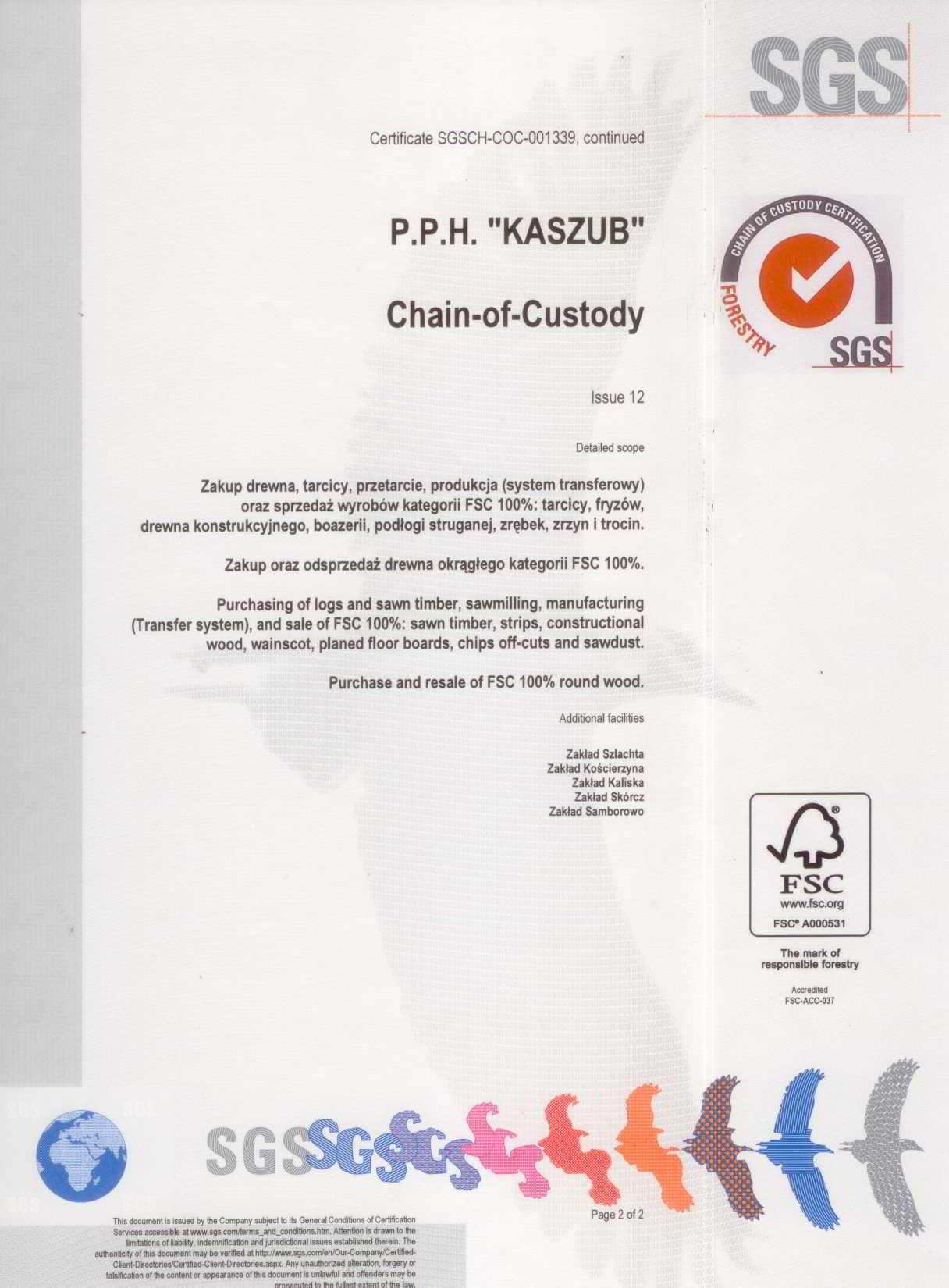 Skan certyfikatu FSC firmy P.P.H. 'KASZUB' Chain-of-Custody, potwierdzający zakup i sprzedaż drewna kategorii FSC 100%, z logo SGS i FSC.