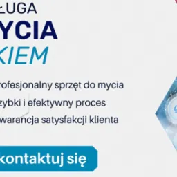 Grafika reklamowa usługi z tekstem 'Usługa mycia okien', ikonami sprzętu czyszczącego i dłonią w żółtej rękawicy trzymającą mop.