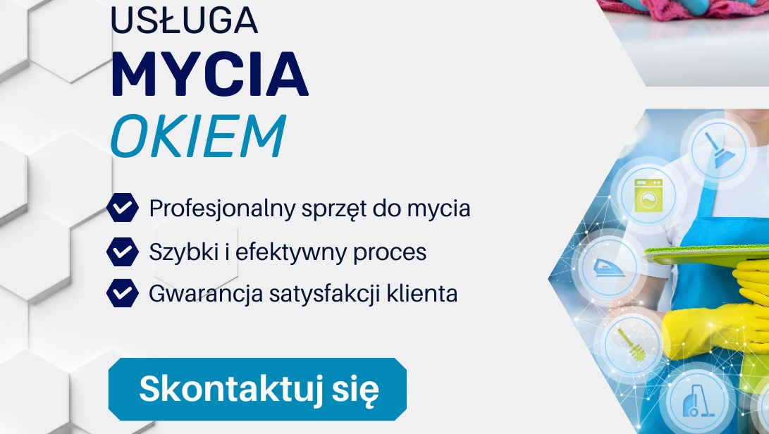 Grafika reklamowa usługi z tekstem 'Usługa mycia okien', ikonami sprzętu czyszczącego i dłonią w żółtej rękawicy trzymającą mop.