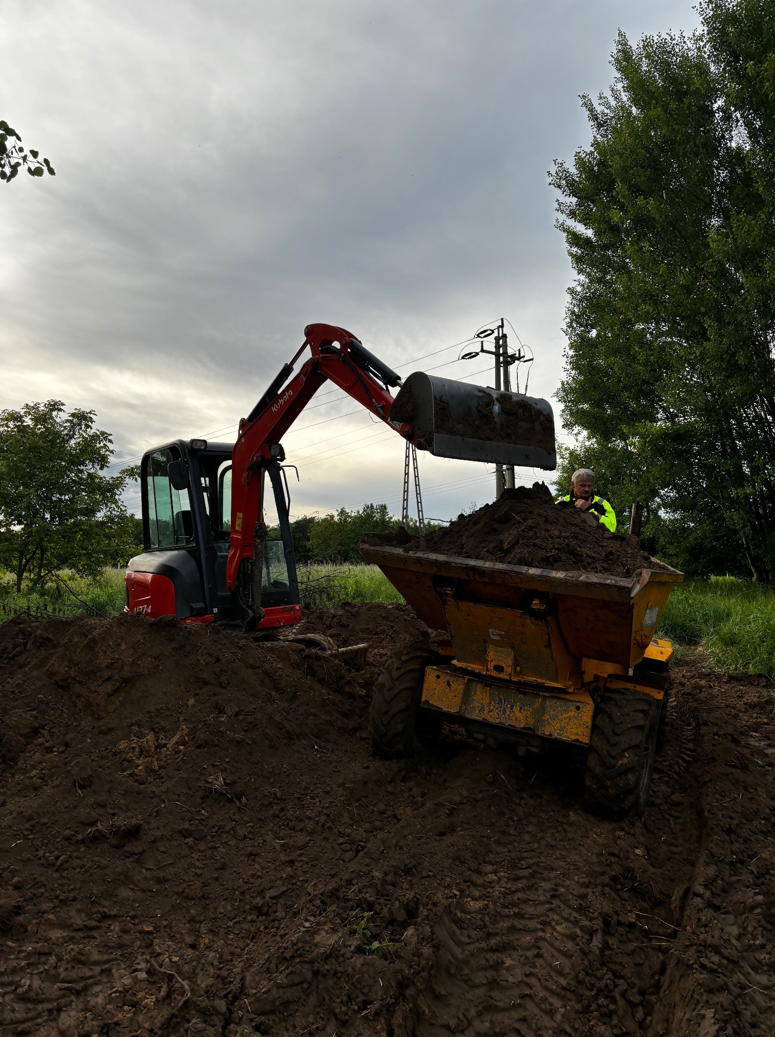 Czerwony mini koparka Kubota nabiera ziemię do żółtej wywrotki na tle zieleni i pochmurnego nieba. Operator w odblaskowej kamizelce nadzoruje załadunek.
