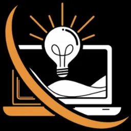 Graficzna ikona przedstawiająca laptopa z żarówką symbolizującą pomysł, otoczona łukiem w kolorze pomarańczowym na czarnym tle.