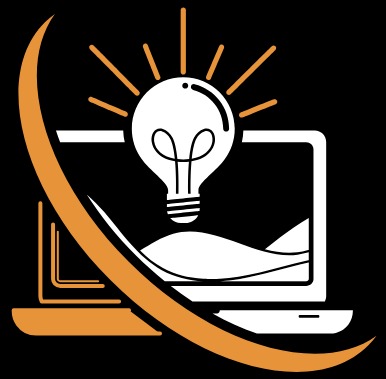 Graficzna ikona przedstawiająca laptopa z żarówką symbolizującą pomysł, otoczona łukiem w kolorze pomarańczowym na czarnym tle.