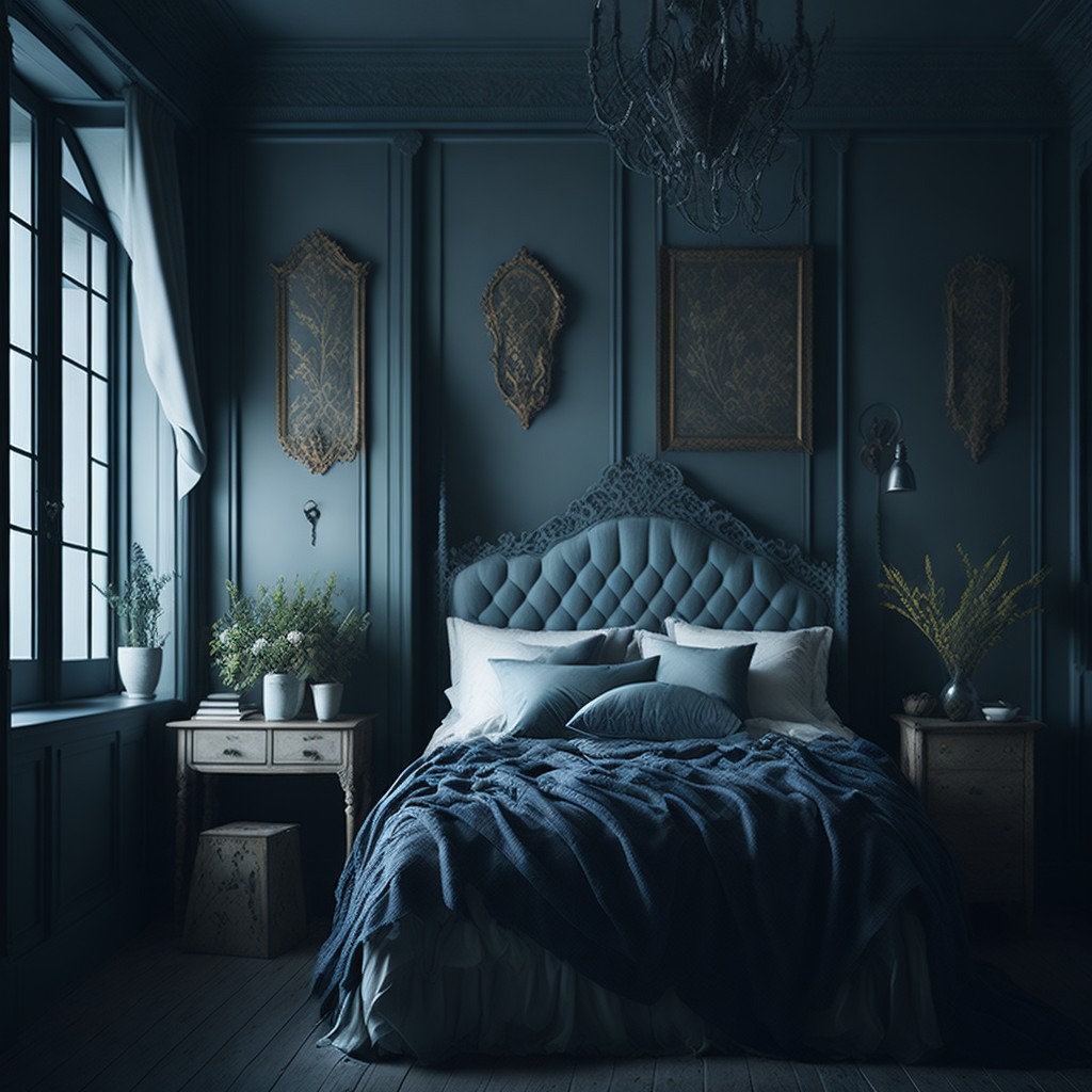 Elegancka sypialnia w odcieniach granatu z łóżkiem z pikowanym zagłówkiem, ozdobnymi ramami na ścianach, roślinami w doniczkach na stoliku nocnym i żyrandolem w stylu vintage