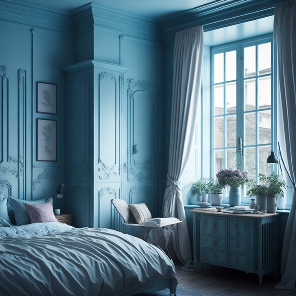 Monochromatyczna sypialnia w odcieniach błękitu z dekoracyjnymi sztukateriami na ścianach, dużym oknem z widokiem na budynki i kwiatami w doniczkach na parapecie.