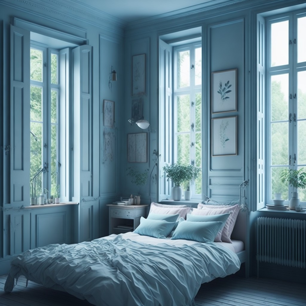Jasnoniebieska sypialnia w stylu klasycznym z trzema oknami z widokiem na zieleń, dekoracyjnymi ramkami na ścianach, i łóżkiem z jasną pościelą