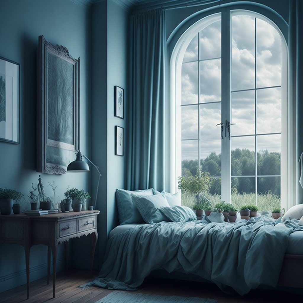 Jasna sypialnia w odcieniach błękitu z dużym oknem łukowym, roślinami w doniczkach na parapecie i drewnianym stolikiem nocnym.