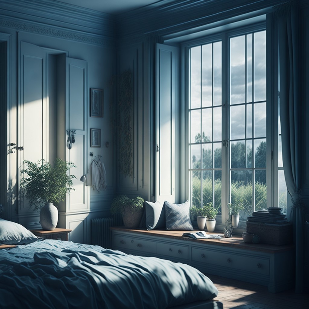 Jasna sypialnia w stylu klasycznym z dużym oknem, łóżkiem z niebieską pościelą i roślinami doniczkowymi na parapecie.