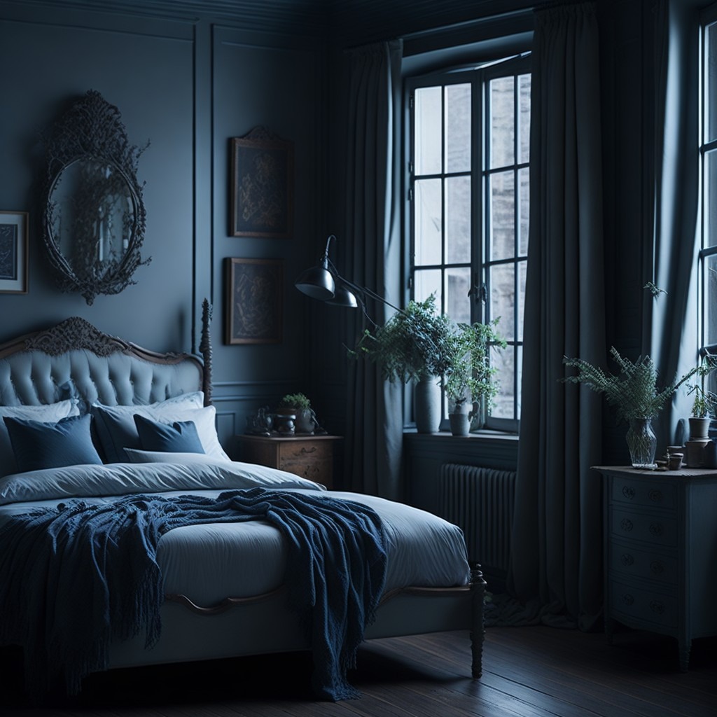 Elegancka sypialnia w odcieniach granatu z dużym łóżkiem, ozdobnym lustrem na ścianie i roślinami w wazonach na parapecie okna.