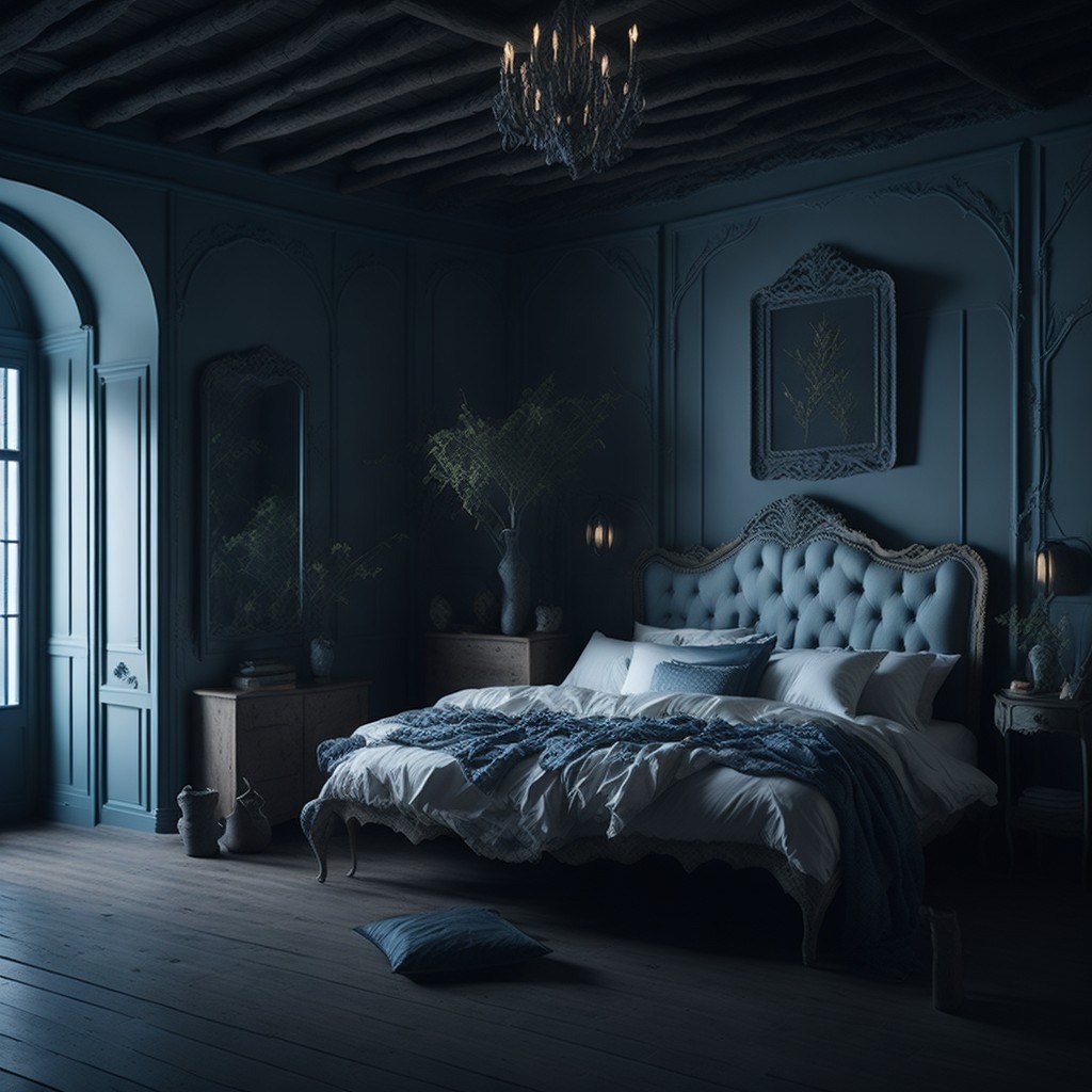 Nastrojowa sypialnia w odcieniach granatu z dekoracyjnym łóżkiem z pikowanym zagłówkiem, kryształowym żyrandolem i drewnianą podłogą