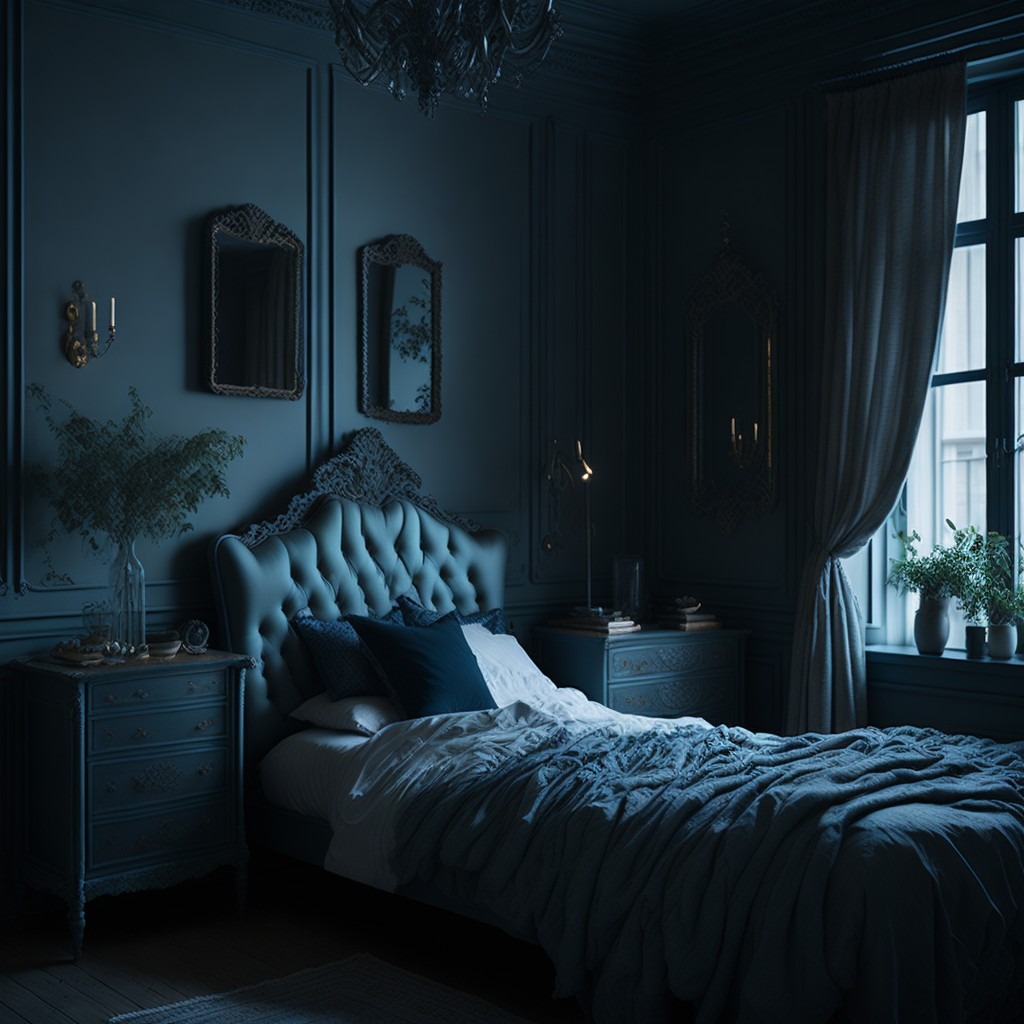 Elegancka sypialnia w odcieniach granatu z pikowanym zagłówkiem, ozdobnymi lustrami na ścianie i kryształowym żyrandolem.