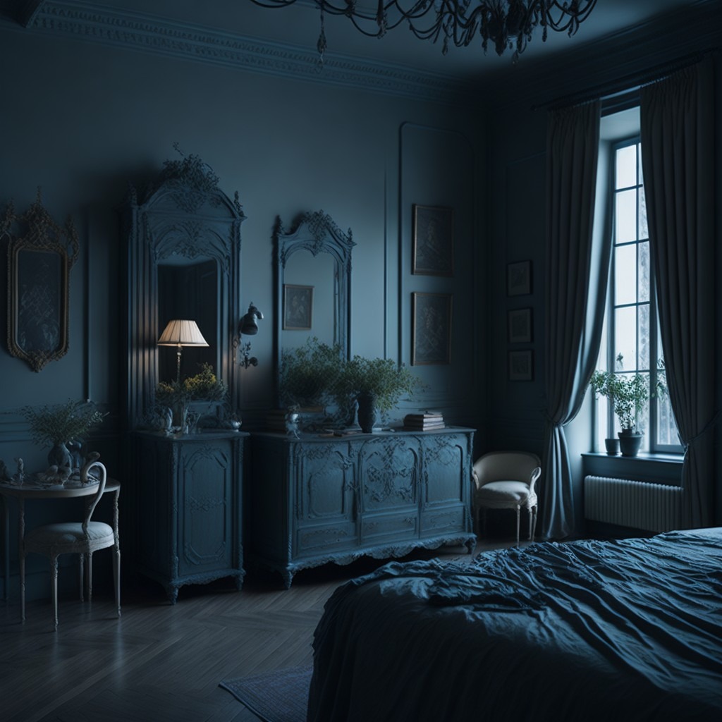 Elegancka sypialnia w odcieniach granatu, z łóżkiem na pierwszym planie, stylowymi komodami z lustrami, ozdobnymi ramami i zasłonami przy oknie.