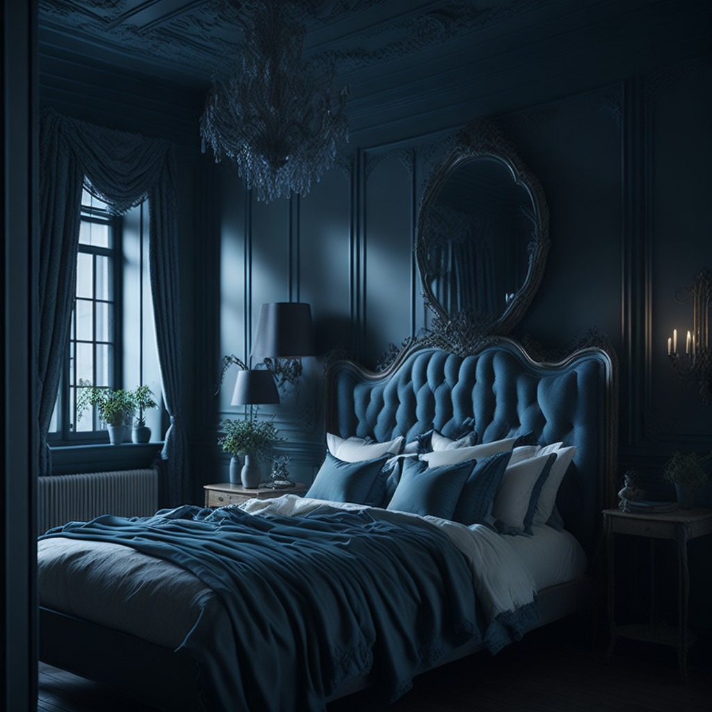 Elegancka sypialnia w odcieniach granatu z łóżkiem typu king-size z pikowanym zagłówkiem, kryształowym żyrandolem i ozdobnym lustrem na ścianie.