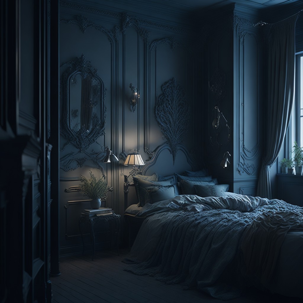 Elegancka sypialnia w odcieniach szarości w Konopkach, z dekoracyjnymi sztukateriami na ścianach, stylizowanym lustrem i lampkami nocnymi, tworząca klimatyczne wnętrze.