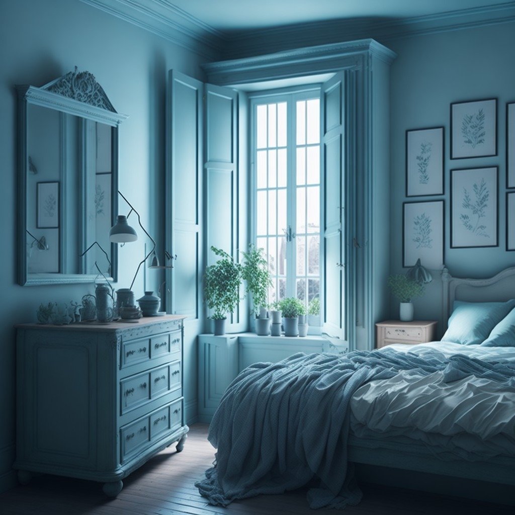 Jasne wnętrze sypialni w stylu vintage z komodą, lustrem, łóżkiem z narzutą i roślinami w oknie, utrzymane w chłodnej, monochromatycznej tonacji.