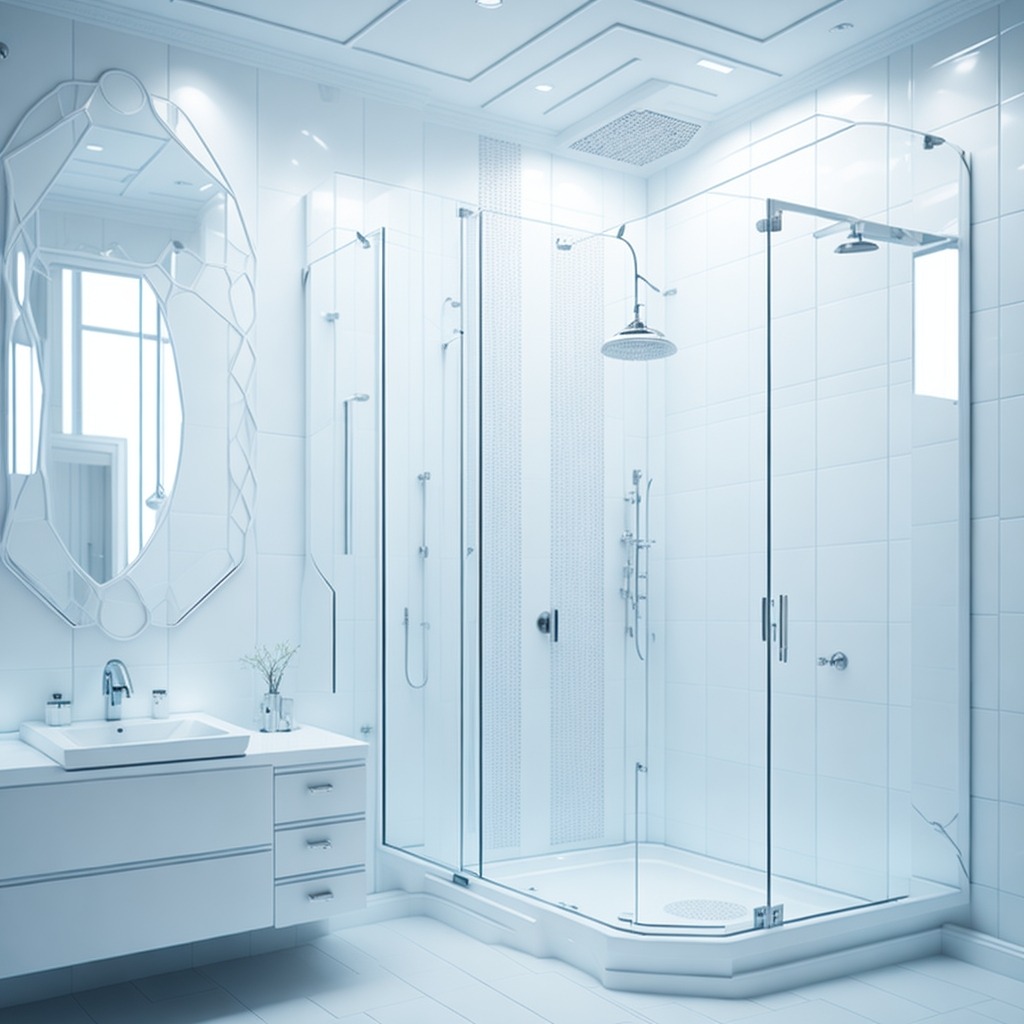 Nowoczesna łazienka w bieli: kabina prysznicowa ze szklanymi ścianami, umywalka z szafką i ozdobne lustro.